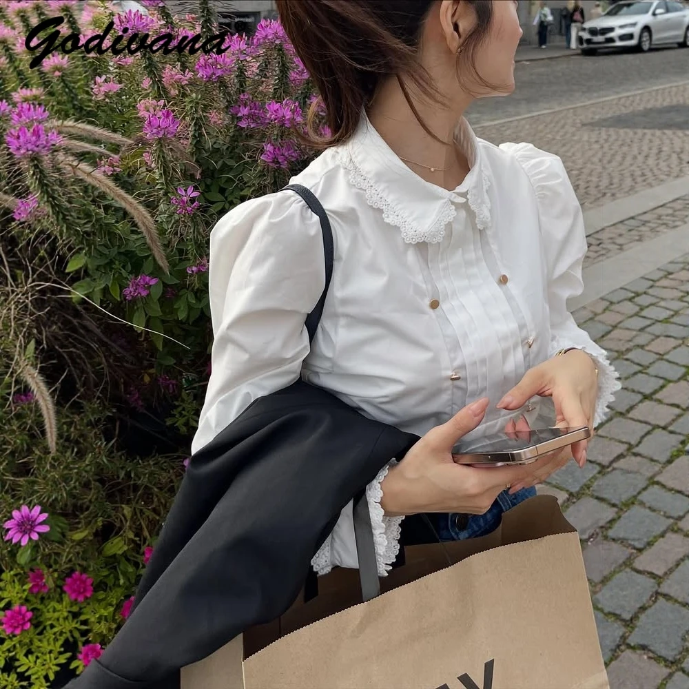 

Новая весенняя женская элегантная блузка с длинным рукавом, с маленьким отложным воротником, двубортная, белая, приталенная