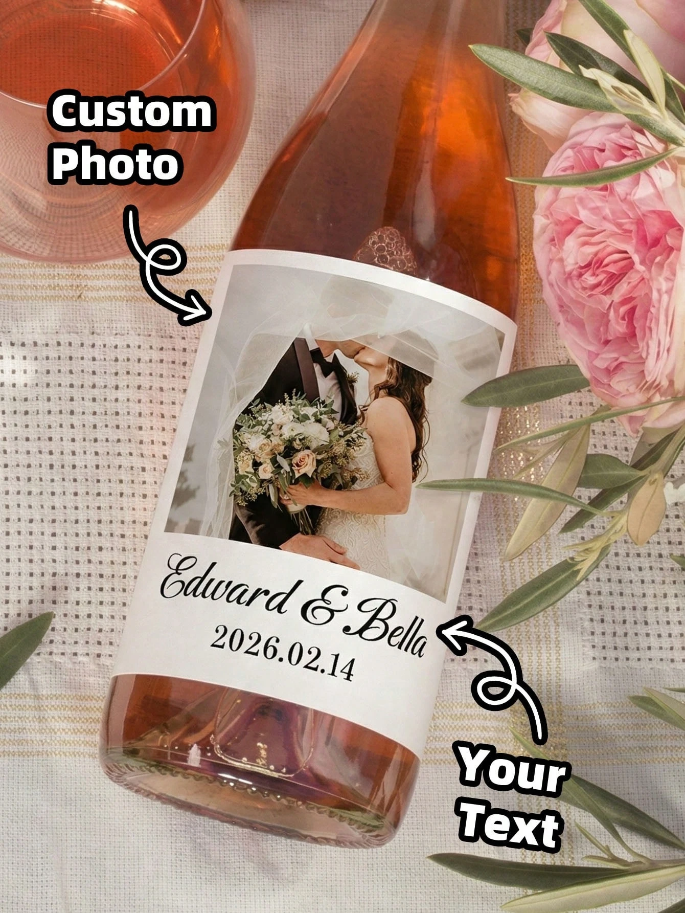 Personalisierte Etiketten für Champagnerflaschen, wasserfest, ölbeständig, Fotoaufkleber für Paare, Hochzeit, Jungvermählte, Party – Detail 1