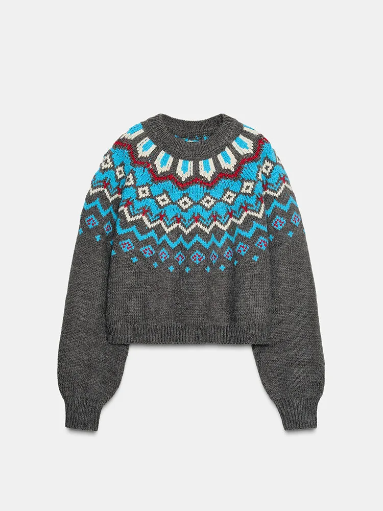 Sweet Faionable Knitted Sweater round Ne Long Sve Embroidered New Arrival Winter 2025 Casual Loose Fit Geometric Pattern