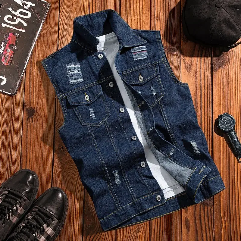 

High Street Streetwear Denim Vest for Men Teens Vintage Loose Sleeveless Cape Jacket Casual Outerwear