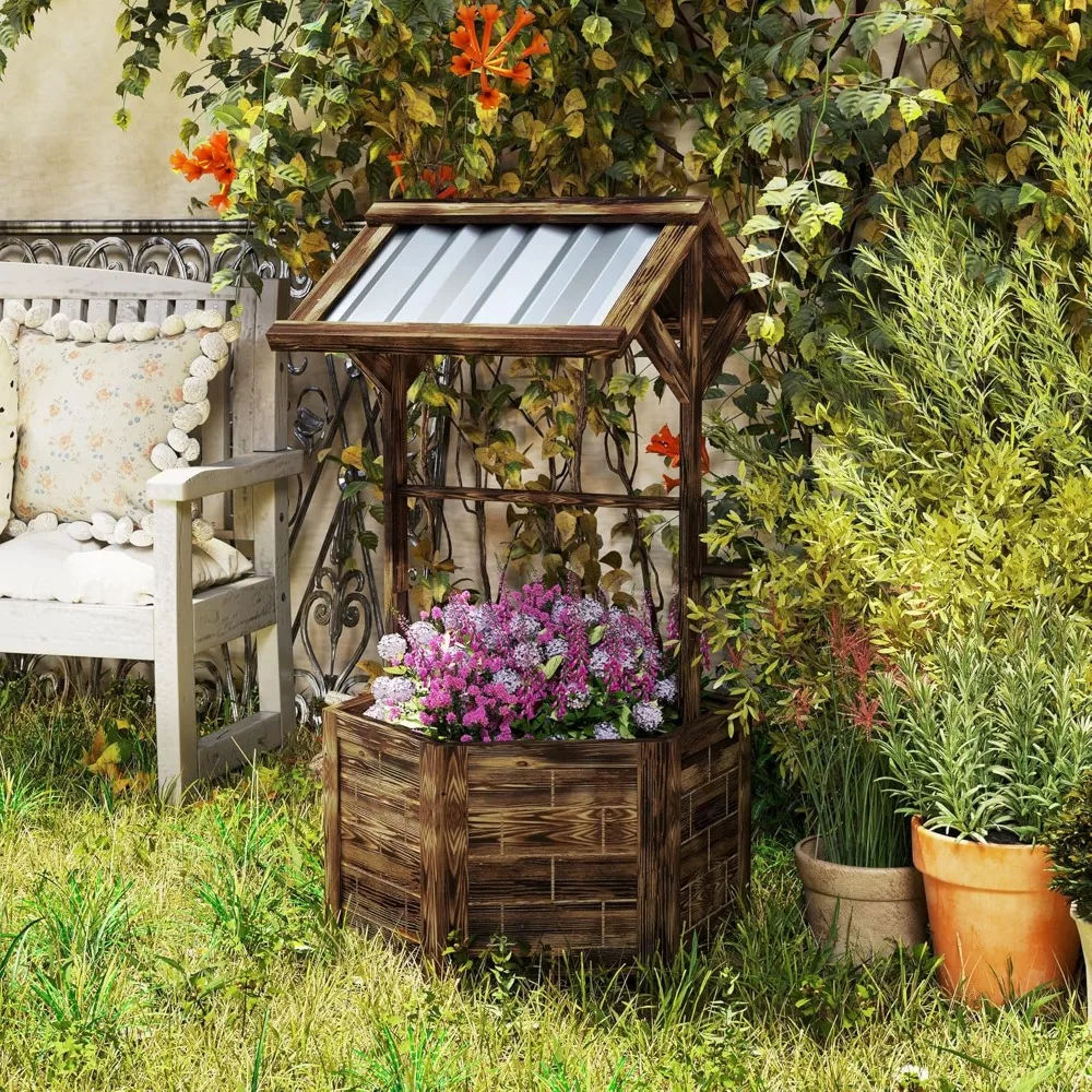 

Wooden Wishing Well Planter, Raised Garden Bed with Galvanized Canopy, Hexagon Outdoor Planter Box, Customized
