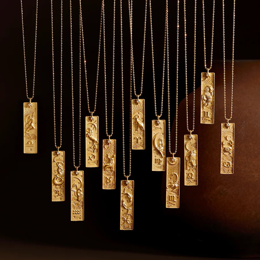 18k Gold Plated Rectangle Shape 12 Constellation Pendant Necklace Stainless Steel Waterproof Fashion Women's Jewelry