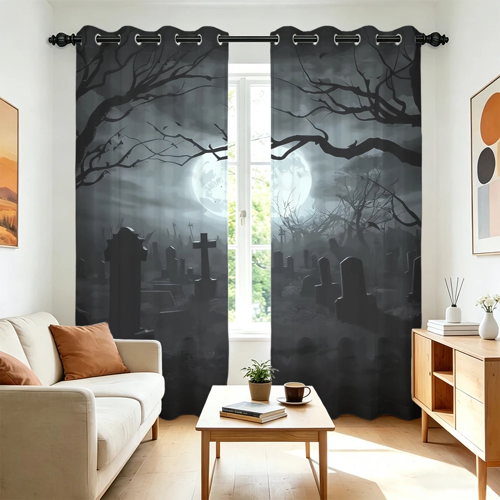 2Pcs Perforated Blackout Curtain Light Block Privacy Drape Living Bedroom Halloween Moon Graveyard Horror Window Decor