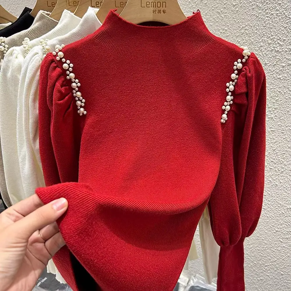 Perlen Puff Sleeve Stricken Pullover Neue Frauen Herbst Winter Mock Neck Basis Shirt Femme Alle-spiel Warme Pullover Koreanische tops 2024