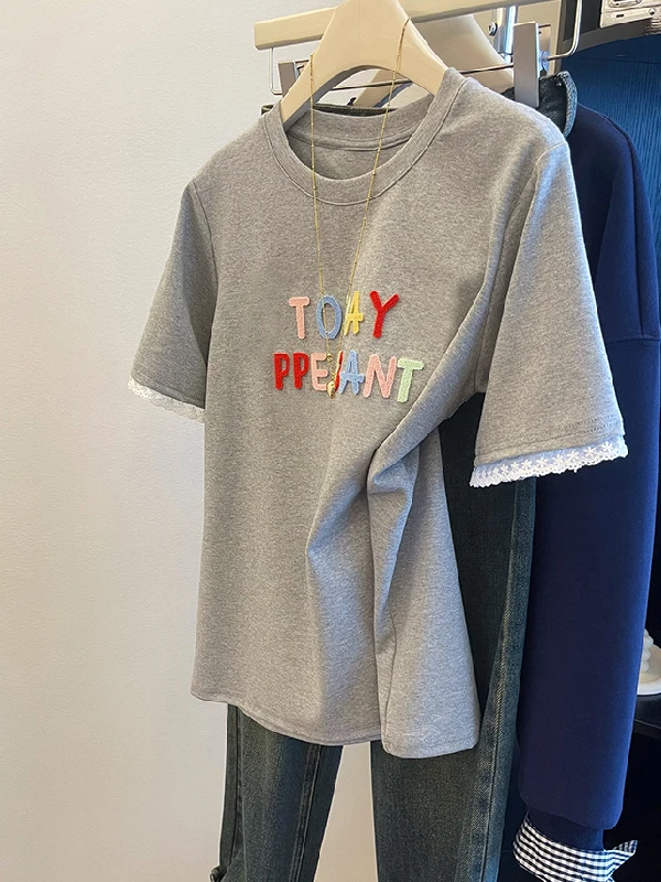 

plus Size Women's Short Sleeve T-Shirt Embroidered Letter Lace Patchwork Summer Base Shirt Casual Loose Fit Breathable Cotton