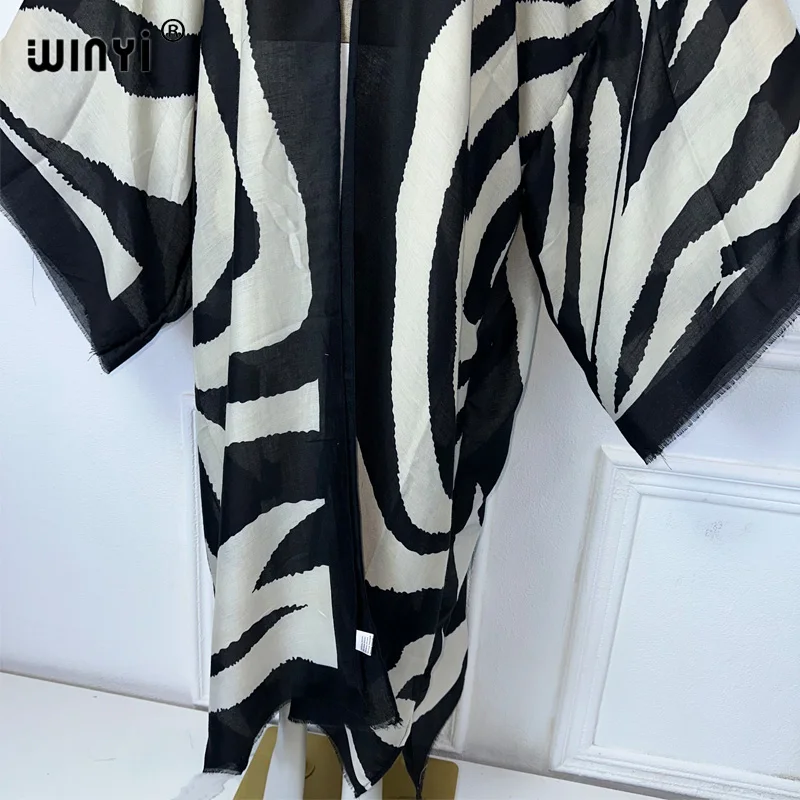 WINYI kimono Zebra print cardigan abaya dubai luxury Elegant beach outfits long coat women sexy cotton feeling dress kaftan