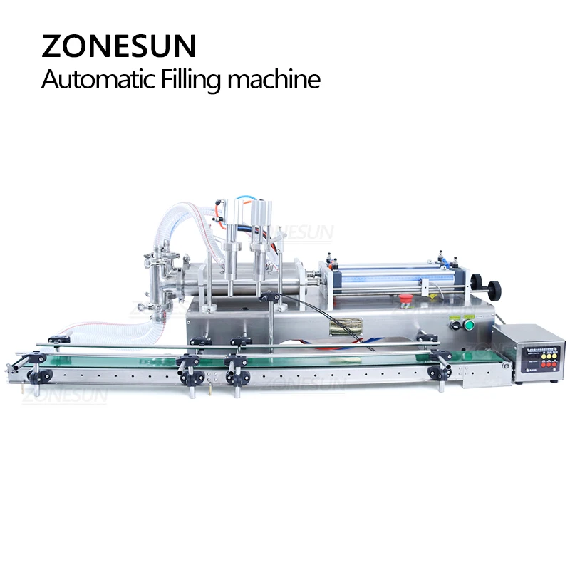 ZONESUN ZS-DTYT2L Mesin Pengisi Cairan Pneumatik 2 Kepala Pengisi Botol Jus Minuman Kontrol Digital dengan Sabuk Konveyor