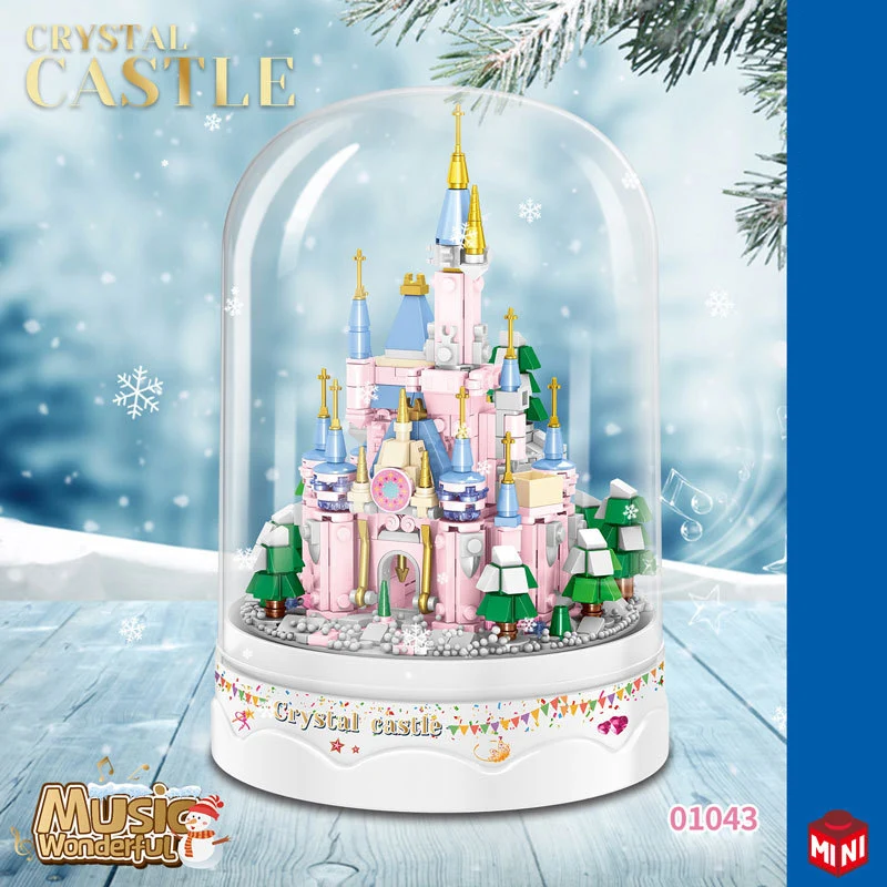 Idea Mini Block Pink Fairy Tale Princess Crystal Castle Building Bricks Construction Model Display Stand Toys For Girls Gifts