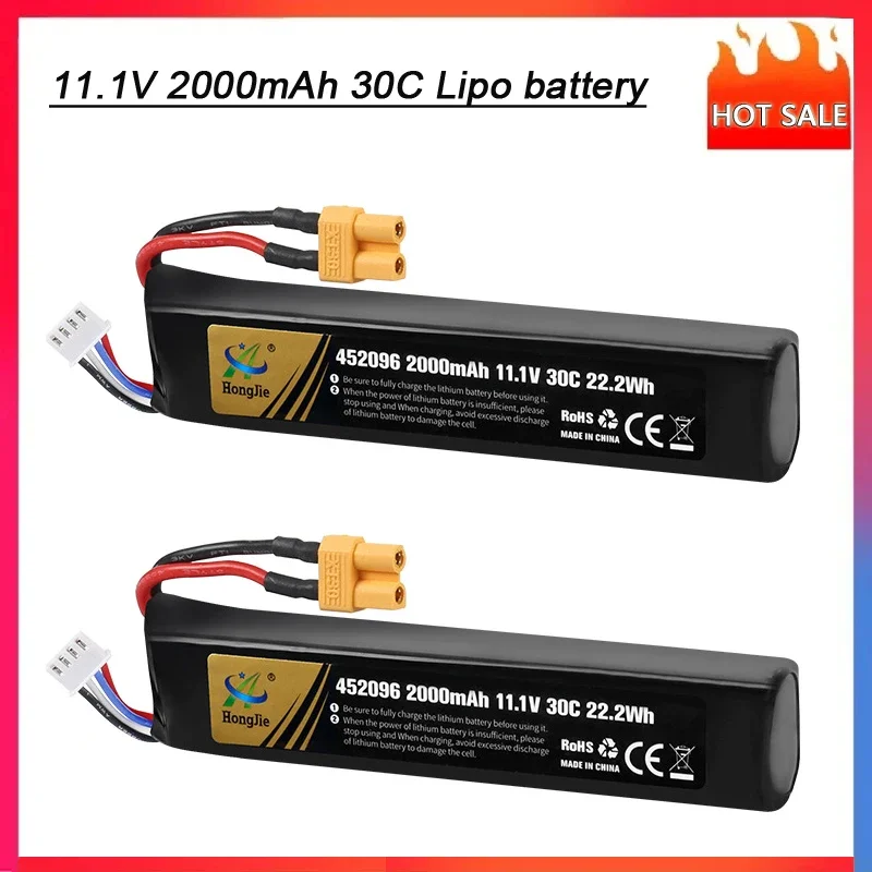 11.1v 2000mAh 30C Rechargeable Lipo Batteries XT30 plug with Charging Cable for RC Electronic water gun Airsoft Gel Bead Blaster