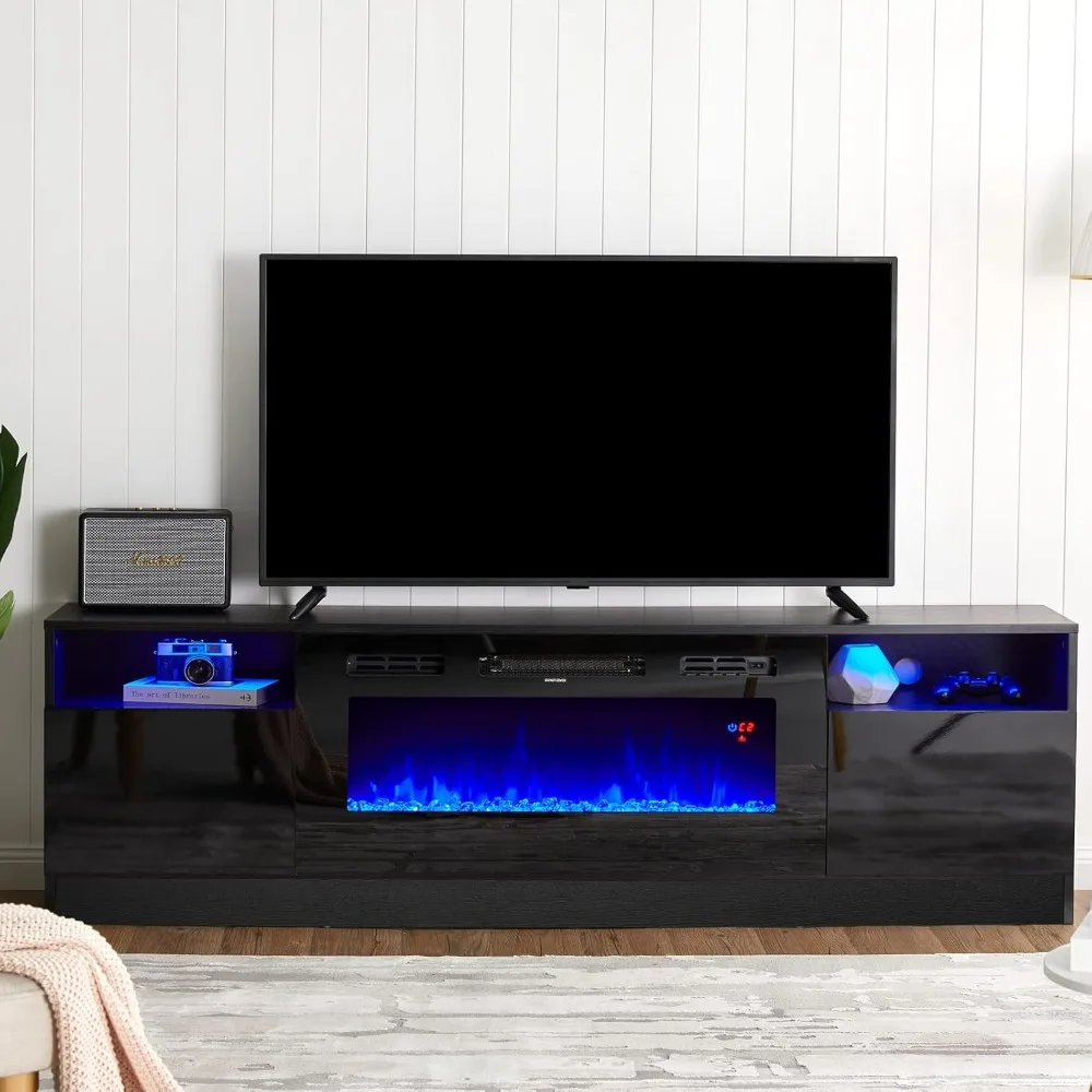 

80" TV Stand with 40" Electric Fireplace Large Modern Wood Texture Media Entertainment Center with Highlight Storage Cabinet