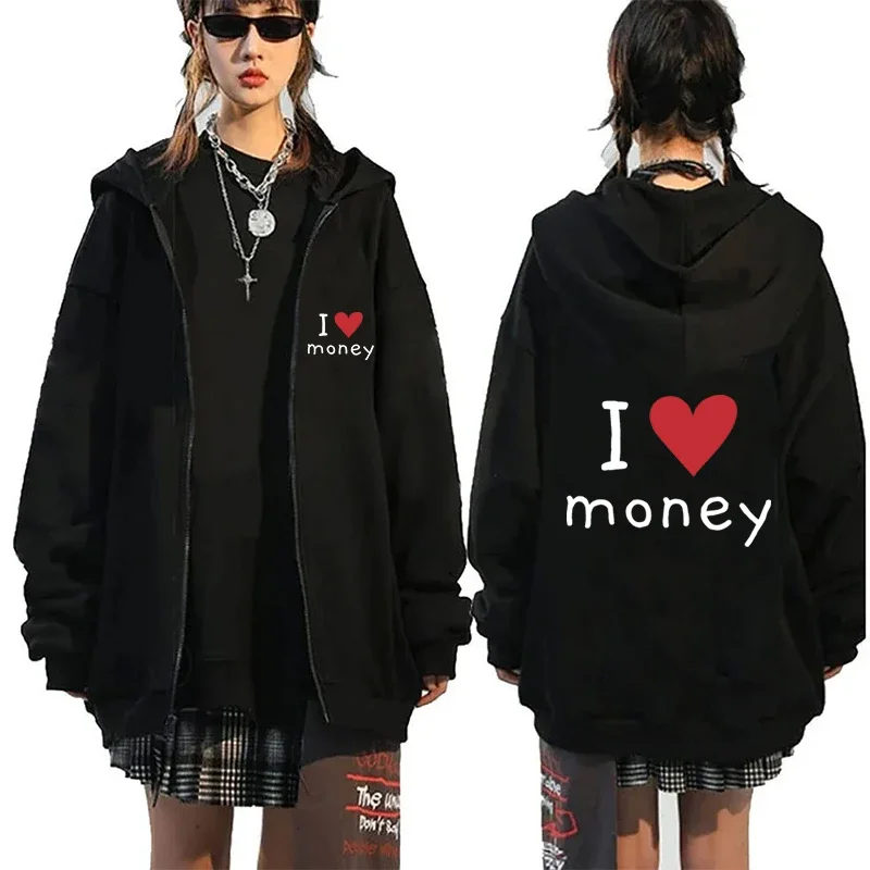 Funny Printed Zip up Hoody I Love Money Hoodie Women Men Sweatshirt Oversize Vintage Cardigan Jacket Zip up Pocket Harajuku Y2k