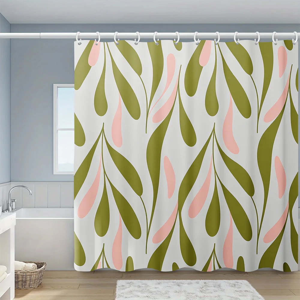 Retro Leaf Pattern Shower Curtain, Green & Pink Abstract Botanical Print Waterproof Bathroom Decor, Mid Century Modern Home Bath