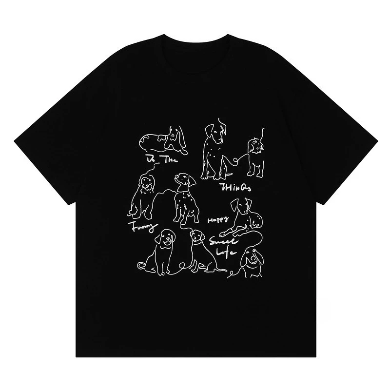 

Hip Hop Fun Puppy Retro Couple Heavy T-shirt Men's and Women's Design Sense Loose Vibe Casual Crew Neck Short-sleeved Top