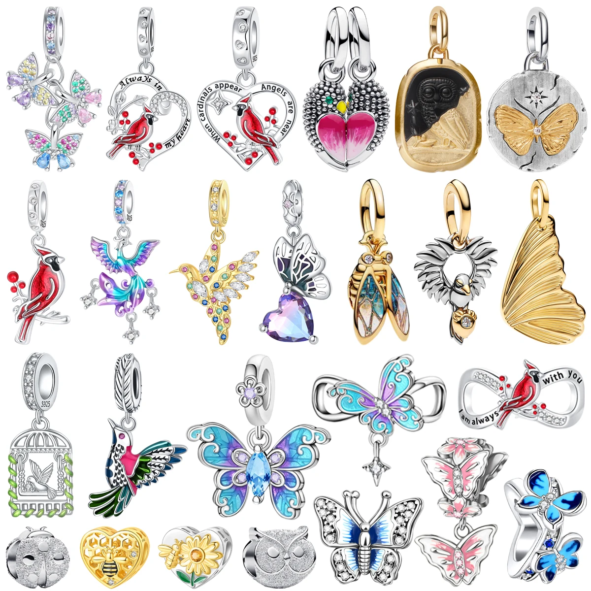 New Original 925 Sterling Silver Charms Butterfly Bee Bird Owl Dragonfly Dragon Fit Women's DIY Bracelet Necklace Jewelry Gifts