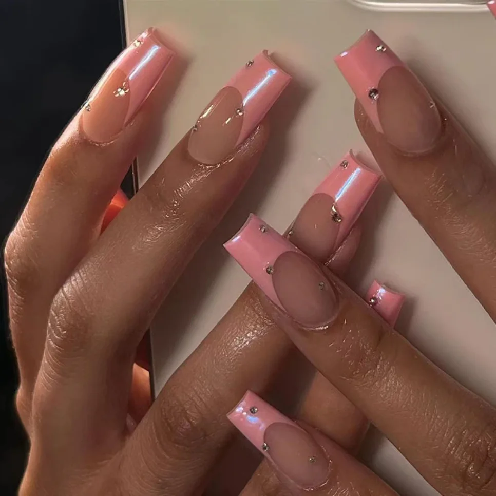 24 pçs/lote rosa longo ballet francês unhas falsas pérola strass decoração design wearable imprensa em unhas acrílico dicas de unhas falsas