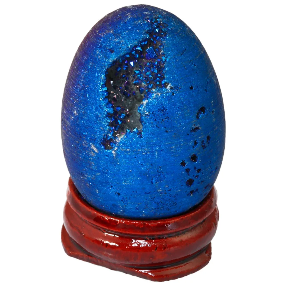 TUMBEELLUWA Blue Titanium Coated Druzy Geode Sphere,Crystal Quartz Agate Egg 40x30mm,Sculpture Figurine with Wood Stand