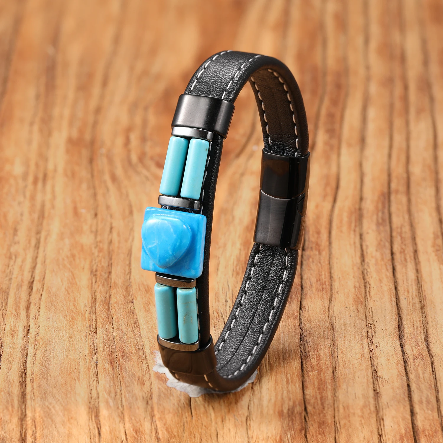 Natural Stone Leather Bracelet Stainless Steel Jewelry for Women Men Adjustable Pulseras Hombre Bracelets Femme Gift