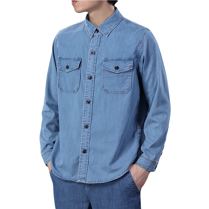 2022 Autumn Brand New Men\'s Business Casual Loose Long Sleeve Shirt Simple Soft and Comfortable Pocket Denim Shirt Jacket