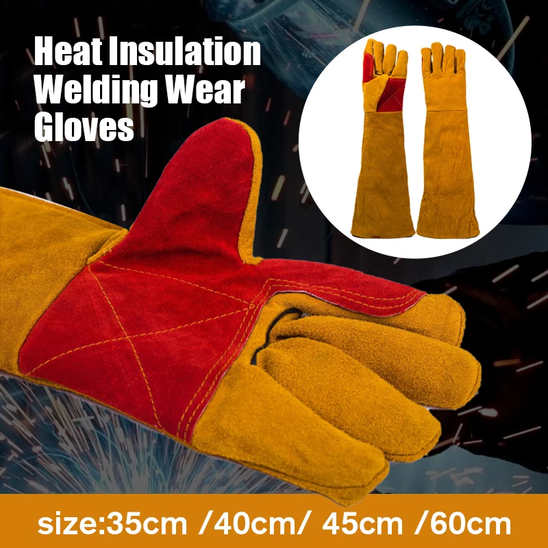 Guantes de soldador de cuero de vaca duraderos, resistentes al fuego, de 35/40/45/60cm, guantes de seguridad para el trabajo anticalor, aislamiento manual para herramientas manuales de soldadura