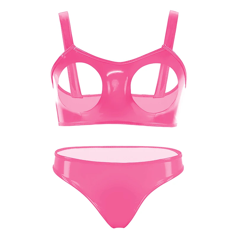 

2PCS Women Exotic Sets Novelty Open Chest PU Leather Crop Tops Briefs Lingerie PVC Bra T-back Panties Performance Costumes 3XL
