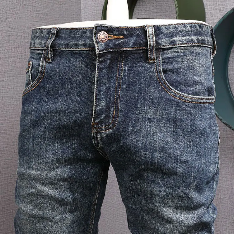 Newly Designer Fashion Men Jeans Retro Blue Stretch Elastic Slim Fit Ripped Jeans Men Vintage Casual Denim Pencil Pants Hombre