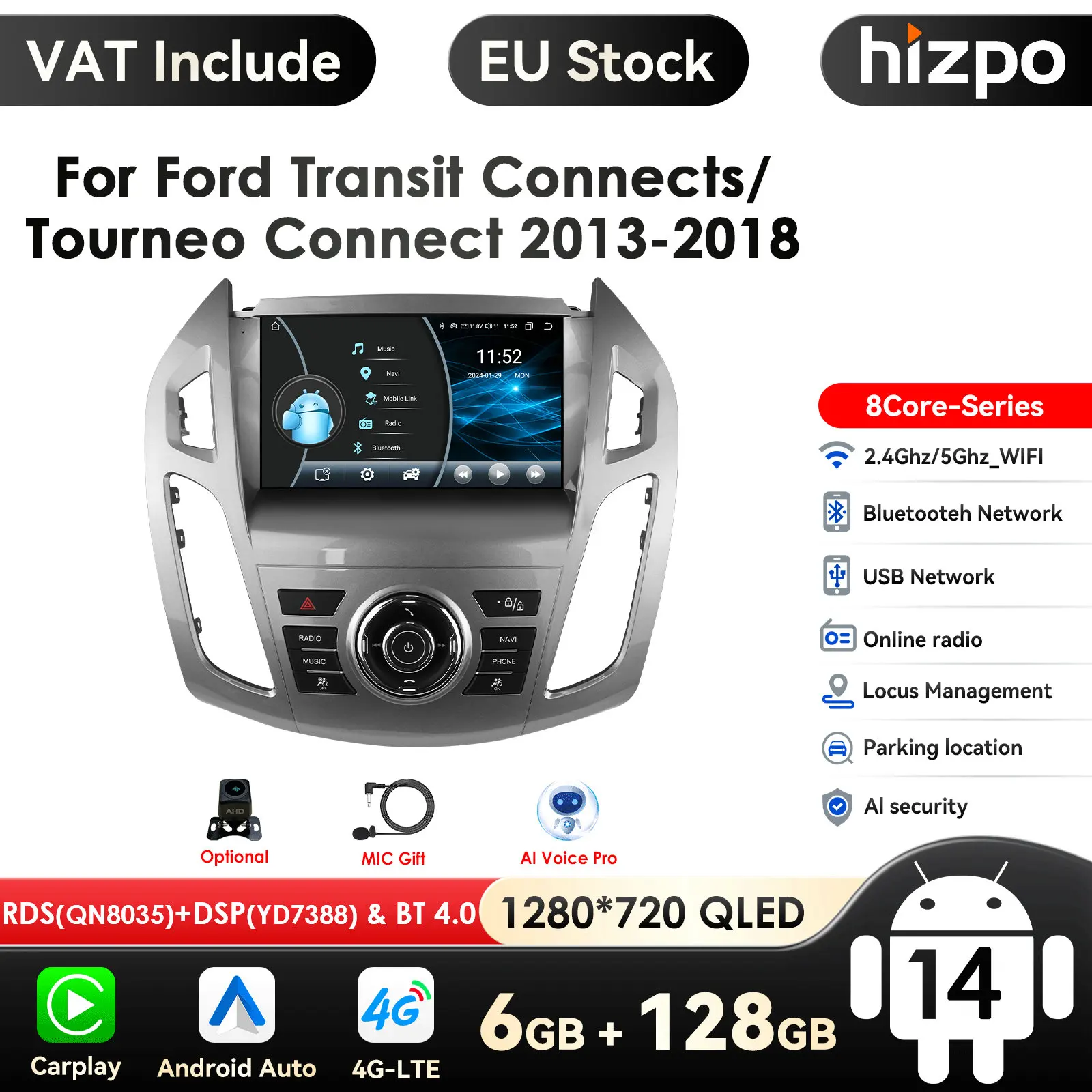 Carplay 4G 8581 Android 14 Autoradio für Ford Transit Connect 2013–2018 Ford Tourneo Connect Multimedia Video GPS 2din Autoradio