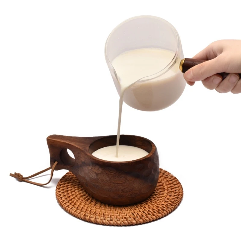 Finland Kuksa Portable Coffee Mug Acacia-Wood Handle Cowhide Rope Hook Juice Milk Cup Coffee Drinking Cup Drinkware