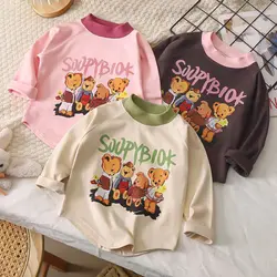 2024 Autumn 1-12Y Girls Undershirts Cotton Bear Printed Kid Baby Girls Sweatshirt Loose Round Collar Irregluar Toddler Girl Tops