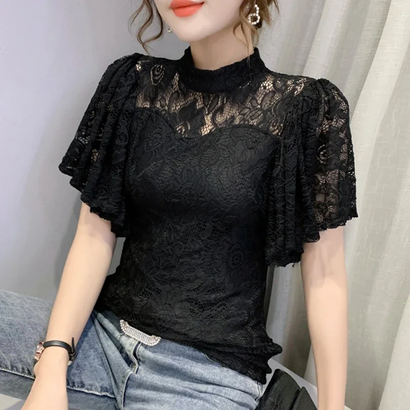 Summer Lace Tops Women 2024 Elegant Fashion Hollow Out Casual Blusas Mujer Korean Style Clothes Flare Sleeve White Black Blouses