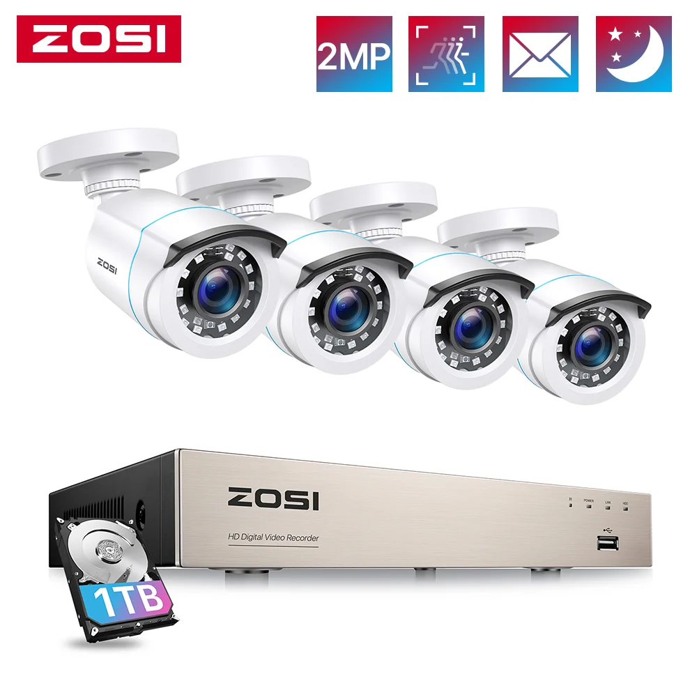 ZOSI 2MP บ้านระบบรักษาความปลอดภัยแบบมีสาย H.265 + 8CH DVR 4/8pcs 1080p Night Vision กันน้ํากลางแจ้งการเฝ้าระวังวิดีโอชุดกล้อง