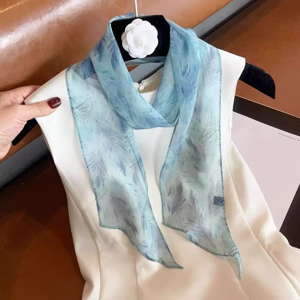 

Women 100% Mulberry Silk Georgette Scarf, Thin Narrow Long Neck Bandana Korean Style for Spring Summer Wear
