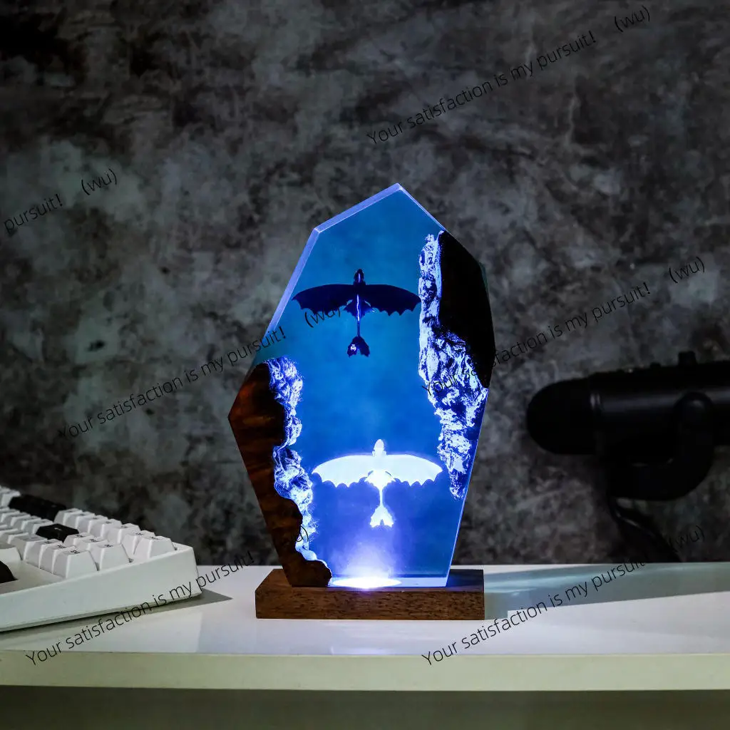 Black White Dragon USB Resin Lamp, Epoxy LED Night Light with Dual Color Lighting