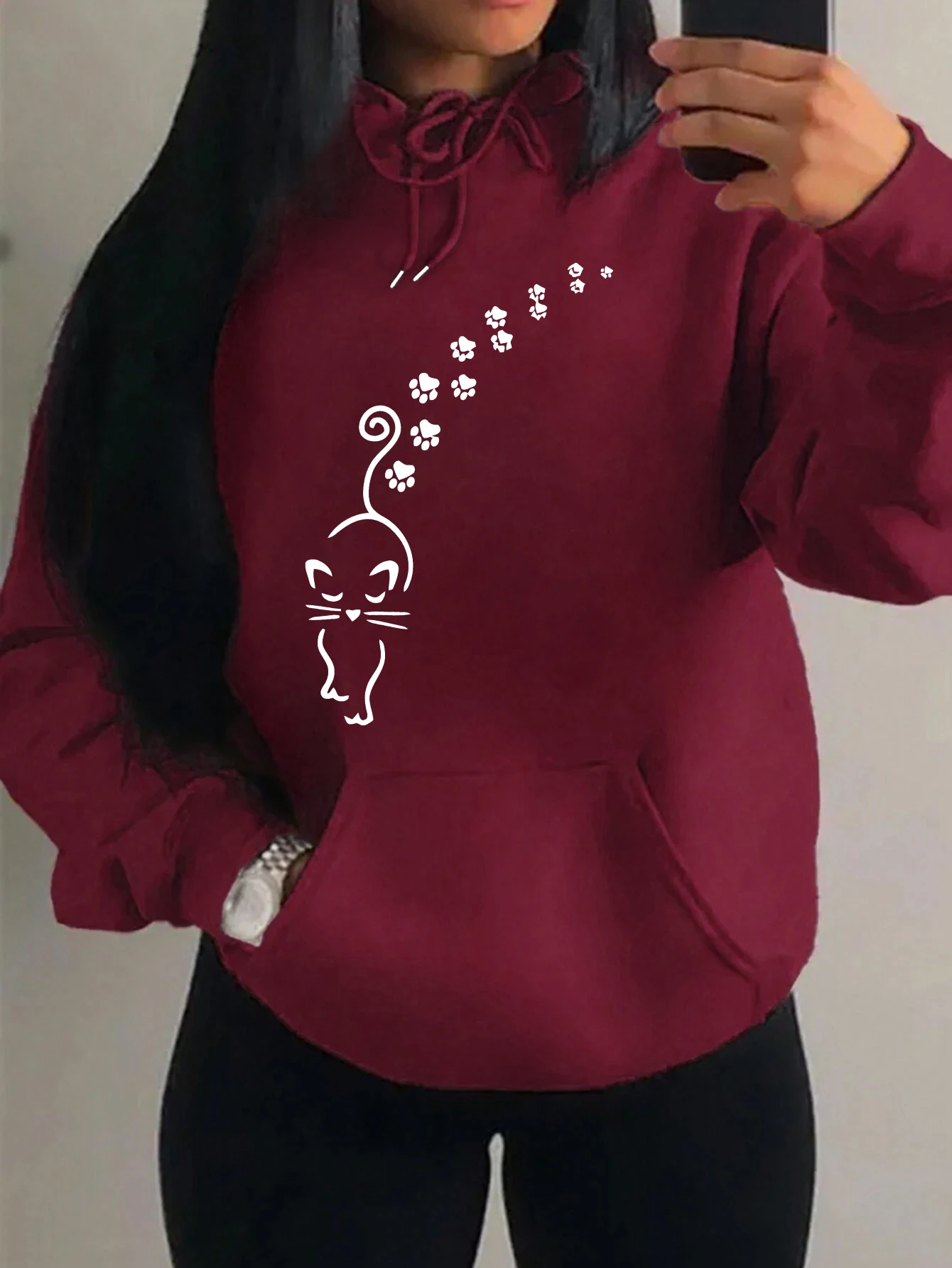 

Женский свитшот с принтом кошек и следов, худи в стиле хип-хоп с карманами, креативный теплый пуловер, флисовый уличный стиль