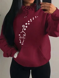 Cats And Footprints Creative Design Female Sweatshirt Hip Hop Pocket Hoodies Creativity Warm Pullover Street Style Fleece
