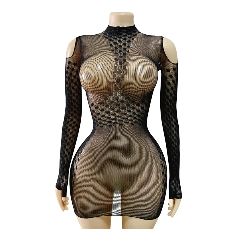 

1PC Women Fishnet Cover Up Without Bikini Sexy Lingerie See Through Hollow Out Bodycon Dress Long Sleeve Beachwear DS2538
