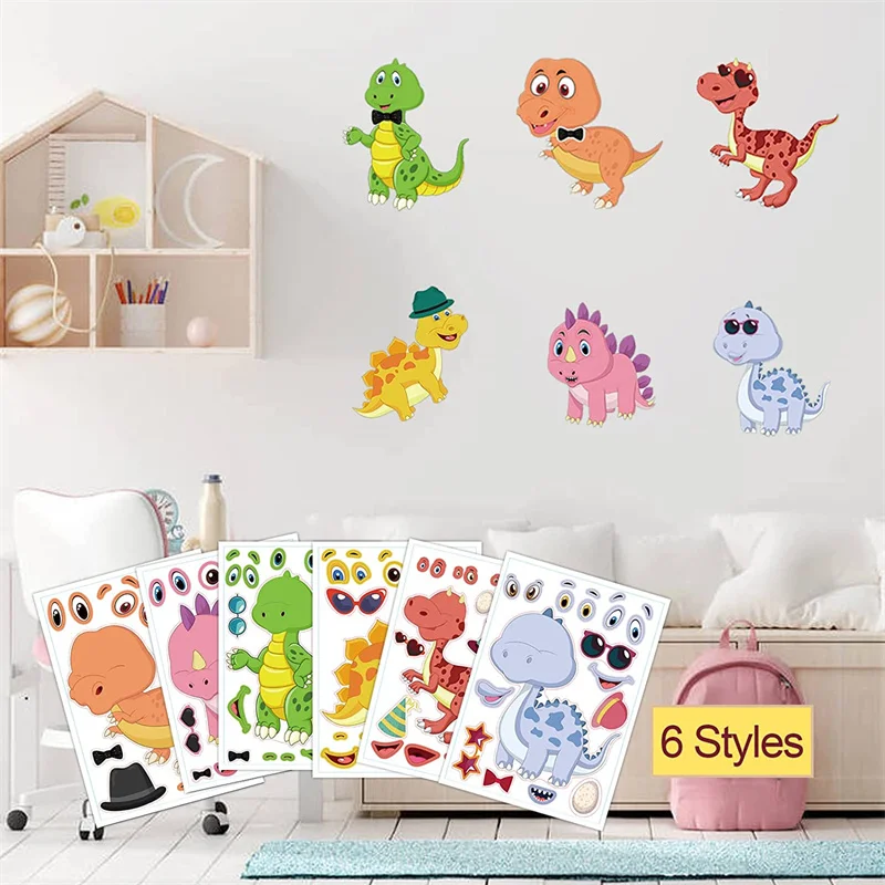 6-24sheets Make A Dinosaur Stickers for Kids DIY Animal Face Jigsaw Puzzle Stickers Fun Craft Children Early Education Learn Toy