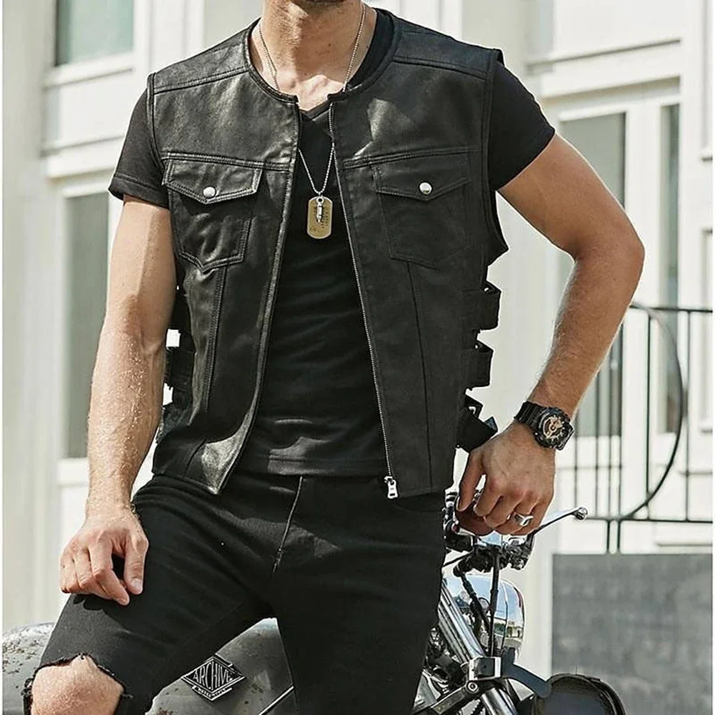 Chaleco de motociclista de piel sintética para hombre, chaleco negro moderno con múltiples bolsillos para Club, elegante y sin mangas