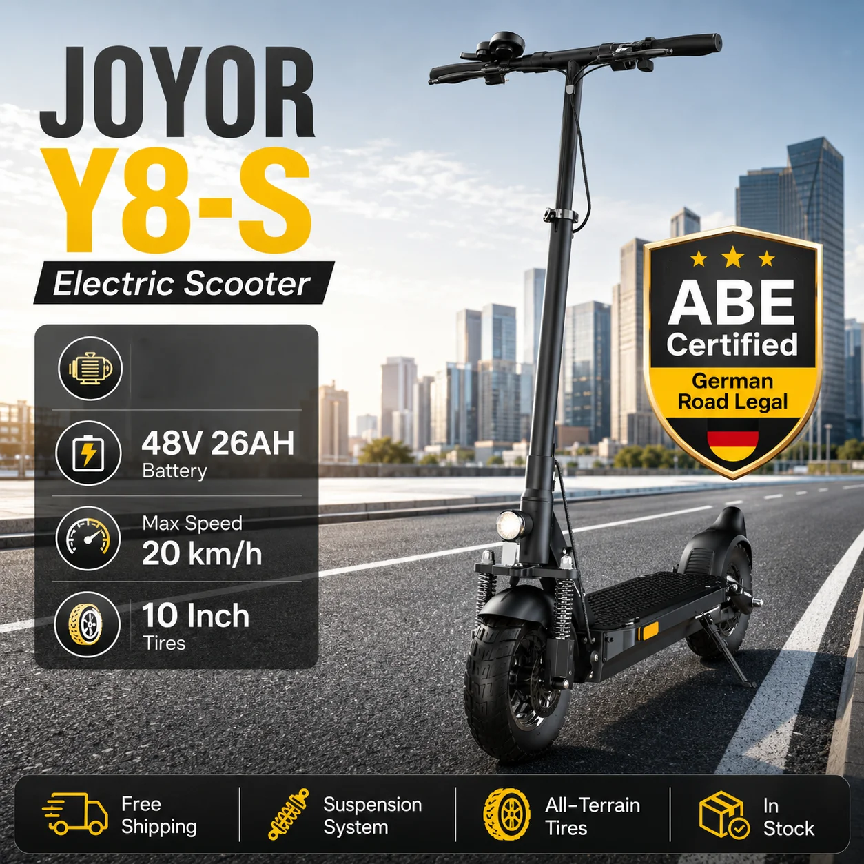 Trottinette électrique JOYOR Y8-S certifiée ABE, homologuée pour la route en UE, batterie 48V 26AH, vitesse limitée à 20 km/h, pneus de 10 pouces, trottinette pliable pour adultes, pour les déplacements urbains quotidiens.