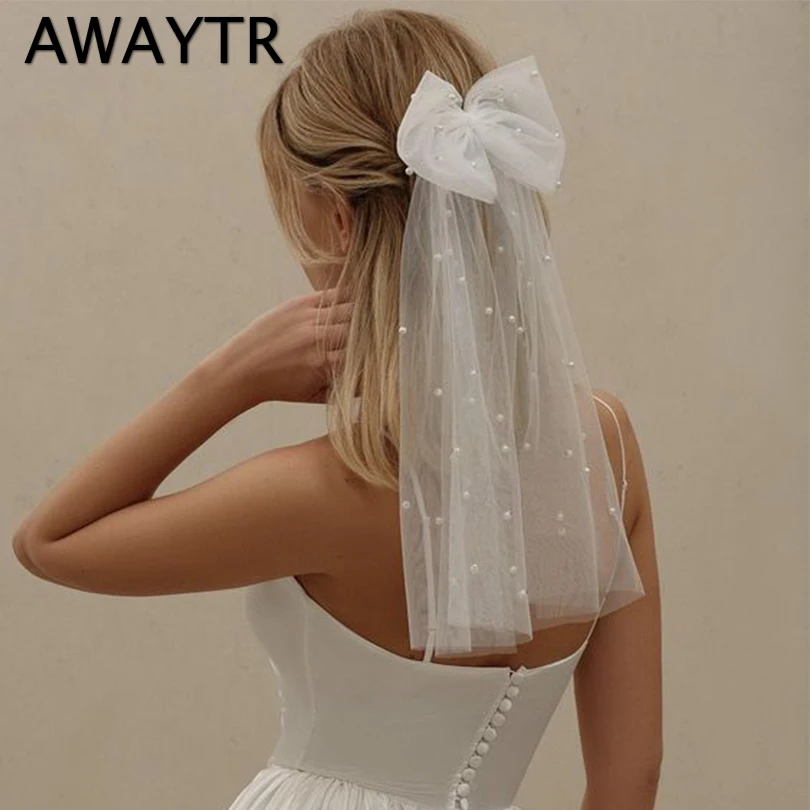 AWAYTR Women Long Ribbon Mesh Bow Hair Clips Elegant Pearls Hairpin White Mesh Hairpins Wedding Party Bride Hair Accessories