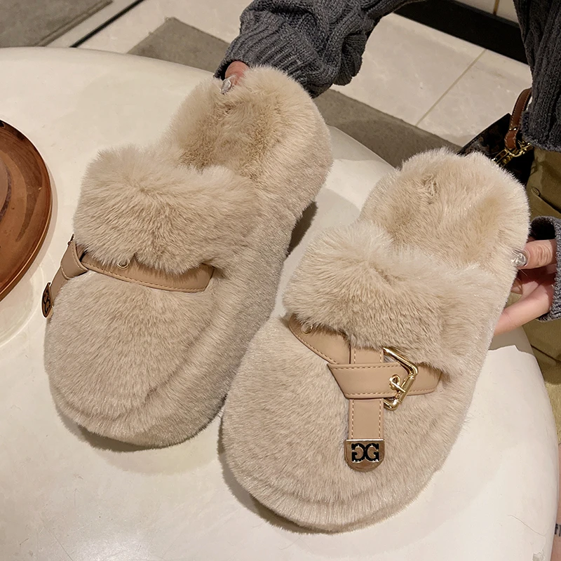 Low Shoes Woman 2024 Slipper Warm Cover Toe Fur Flip Flops Platform Flock Big Size Winter Plush Rome Rubber Hoof Heels Fabric