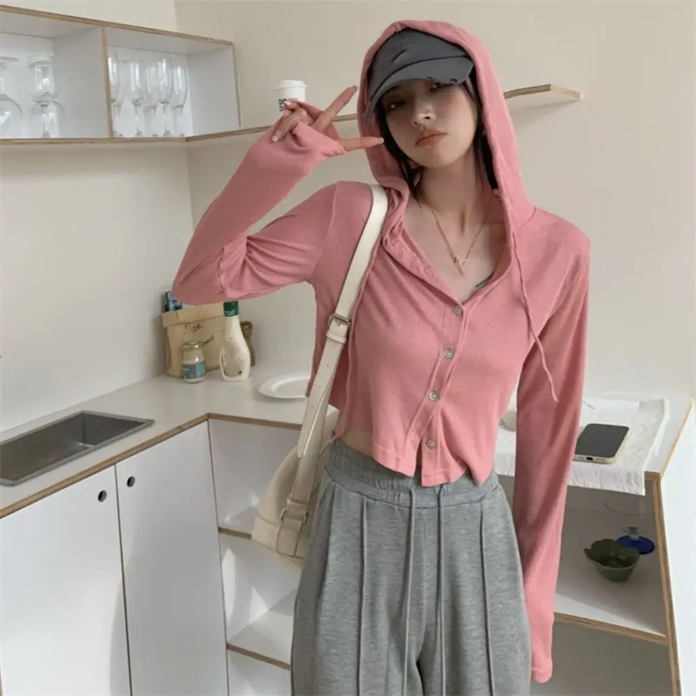 Fashion Button Hoodie Women Y2K Lace Up Sweet Slim Crop Top Cardigan Clothing Long Sleeve T Shirts Travel