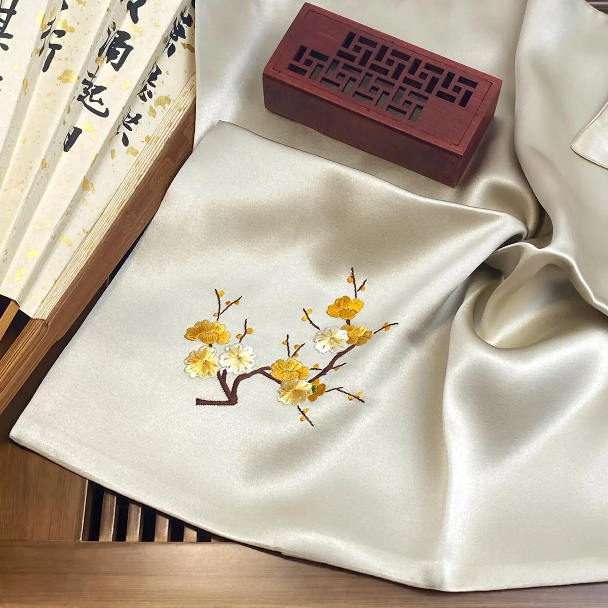 Chinese Hand Embroidered Mulberry Silk Handkerchief Suzhou Embroidery Plum Blossom Hanfu Accessory Multiple Patterns Souvenir