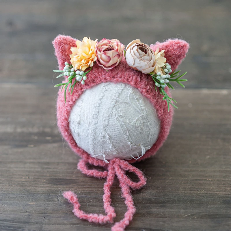 

Newborn Photography Flower Cat Ear Cap Baby Knitting Caps Studio Photo Props Accessories Infant Shooting Crochet Beanie Hat