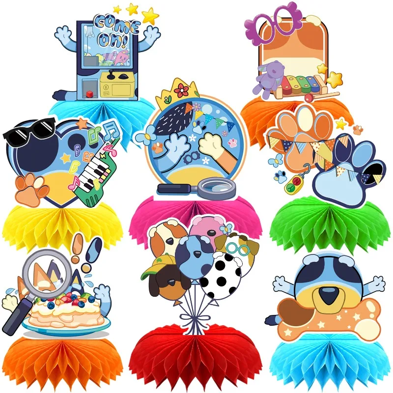 

8pcs Blueys Honeycomb Ornaments Birthday Party Decor Table Top Centerpieces Cartoon Party Desktop Decor Party Table Ornaments