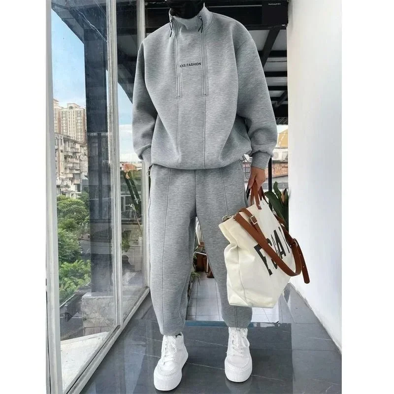 Chándal de dos piezas para hombre, conjunto de pantalones de Hip Hop, ropa deportiva, chándal de Color sólido, traje de Jogging, Otoño e Invierno