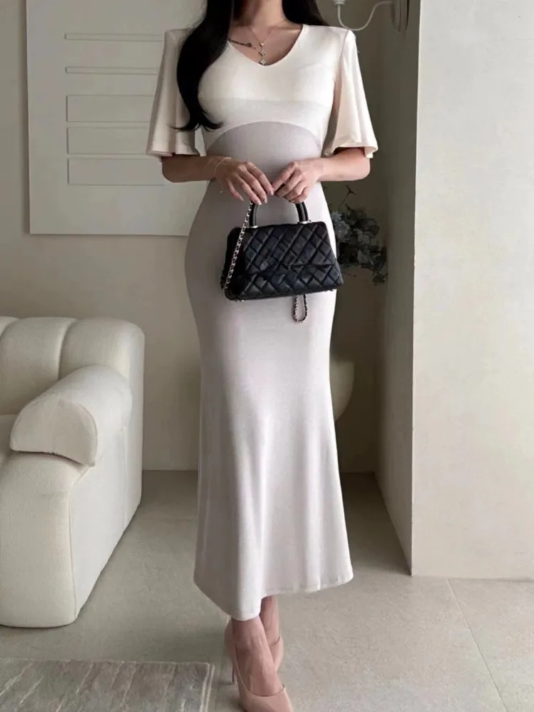 2025 أنيقة محبوك فستان طويل المرأة موضة س الرقبة قصيرة الأكمام Bodycon فساتين الإناث الجلباب سترة vestidos الفقرة mujer