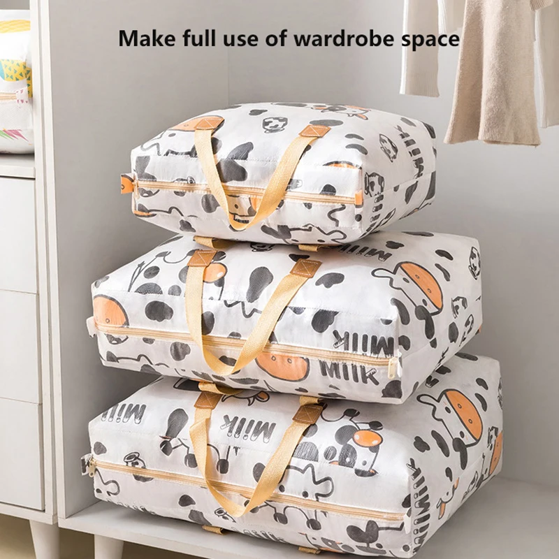 1pc Print Zipper Quilt Storage Bag Zipper Large Capacity Packing Bag Double Handle Moisture-proof Clothes Quilt Storage Bag