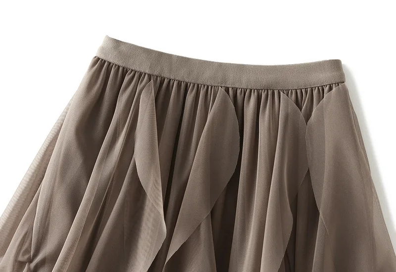 Women's Lotus Leaf Edge A Line Fairy Elastic Waist Tulle Skirt Midi High Waist Mesh Dress Solid Color Irregular Yarn Skirt D8808