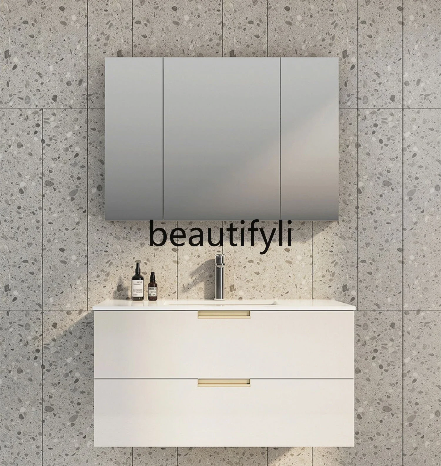 

FG28Bathroom Cabinet Combined Toilet Wash Table Three Door Opening Mirror Cabinet Double Pumping Mocha Bench Basin Wall Cabinet