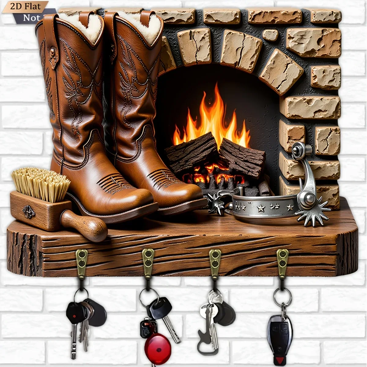 2D Flat, 1pc, Western Cowboy Boot Key Hook Wooden Multifunctional Home Key Holder with Four Metal Hooks, Wall Decoration, Porch
